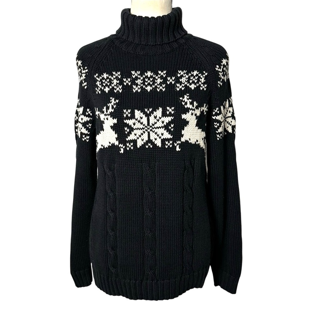 Lands' End Womens Chunky Cable Knit Turtleneck Sweater Embroidered Reindeer Snow